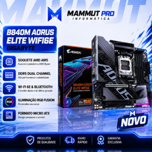 Placa Mãe Gigabyte B840M AORUS ELITE WIFI6E, AMD AM5, Micro ATX, DDR5, RGB, Wi-Fi 6E, Bluetooth