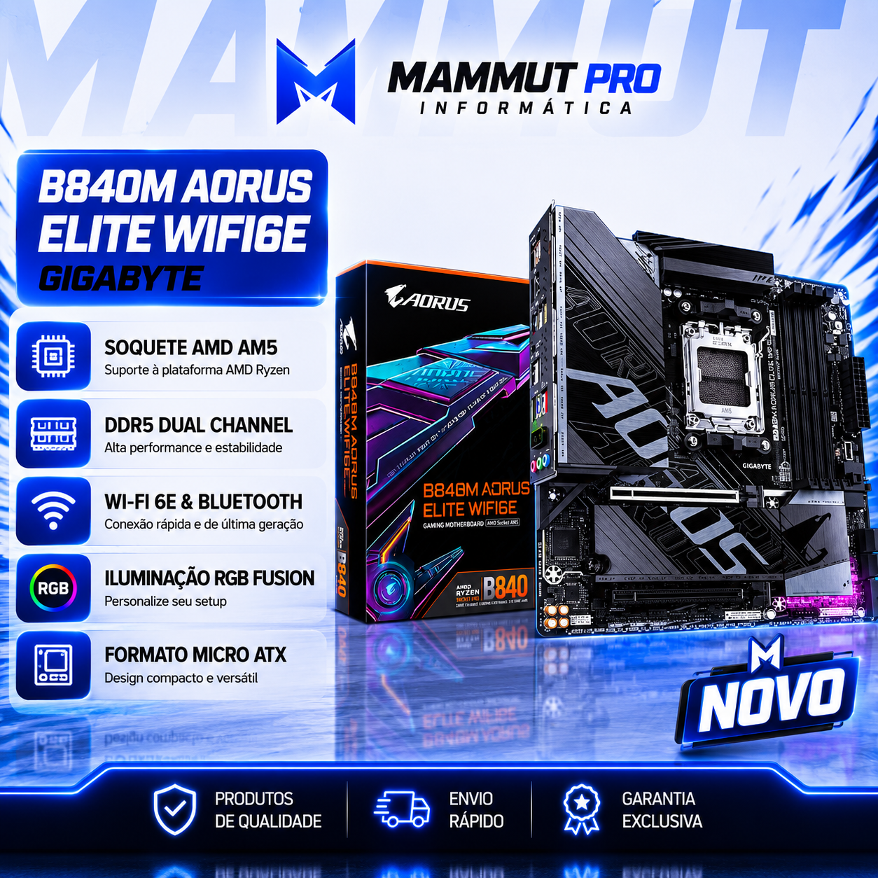 Placa Mãe Gigabyte B840M AORUS ELITE WIFI6E, AMD AM5, Micro ATX, DDR5, RGB, Wi-Fi 6E, Bluetooth