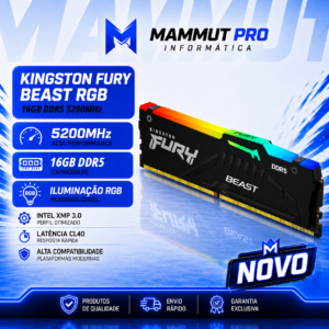 Memória Kingston Fury Beast, RGB, 16gb, 6800mhz, Ddr5