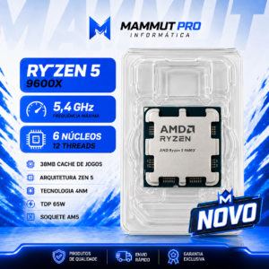 Processador AMD Ryzen 5 9600X, 3.9 GHz (5.4 GHz), Cache 32 MB, 6 Núcleos, 12 Threads, AM5
